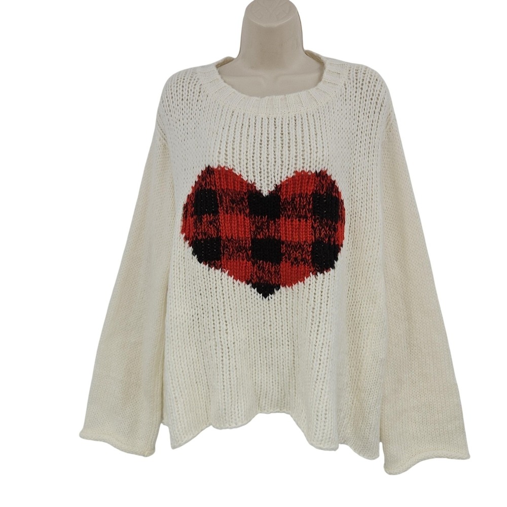 Wooden Ships Sweater Women M/L White Buffalo Plaid Boxy Heart Valentine Mohair